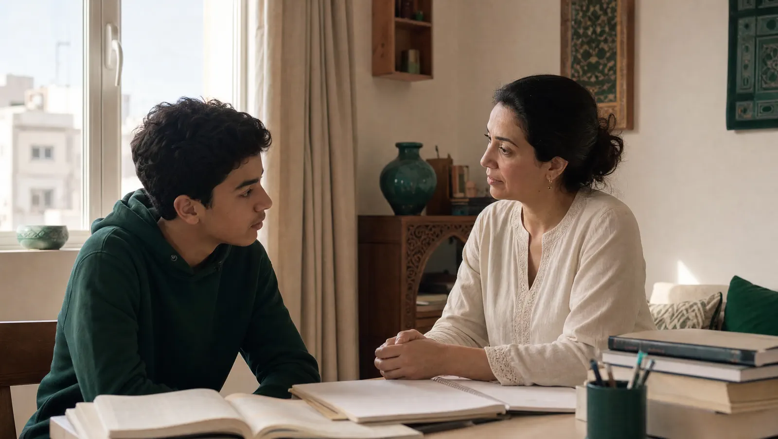 Mère marocaine écoutant calmement son adolescent devant un bureau d’étude