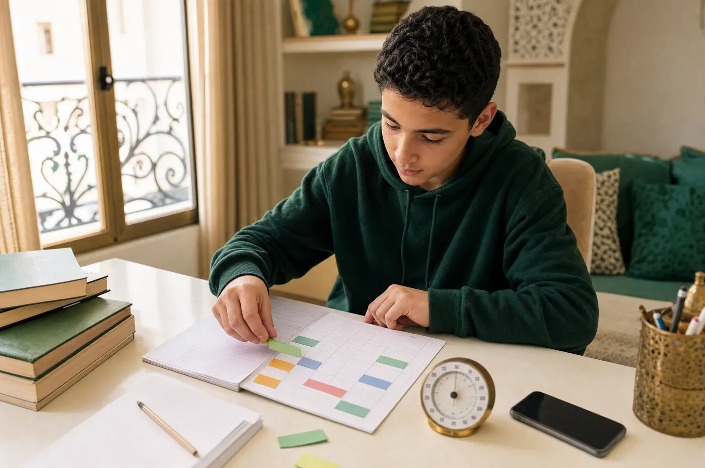 Adolescent organisant un petit objectif scolaire sur un planning hebdomadaire