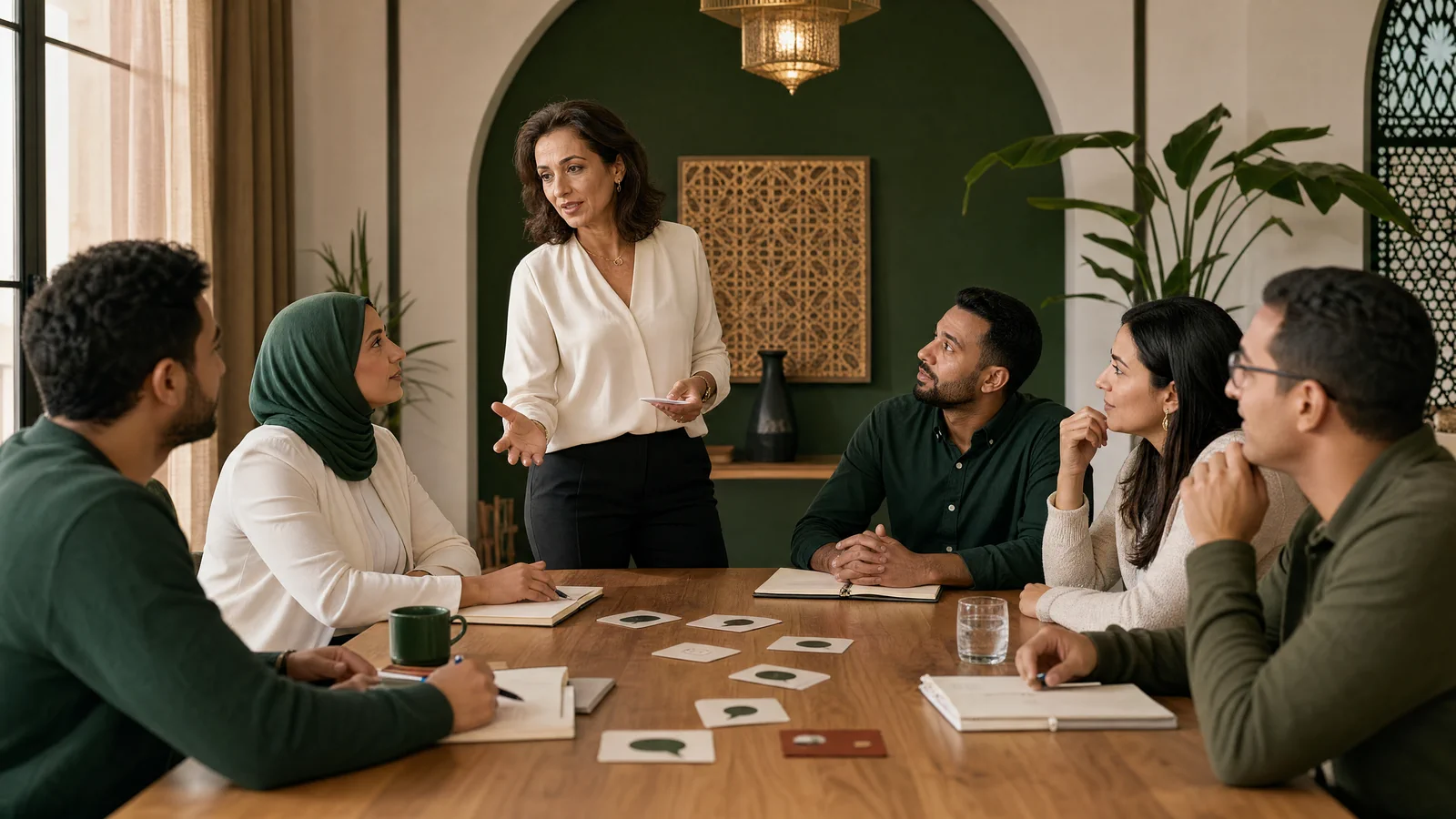 Formatrice animant un exercice de communication avec une équipe marocaine