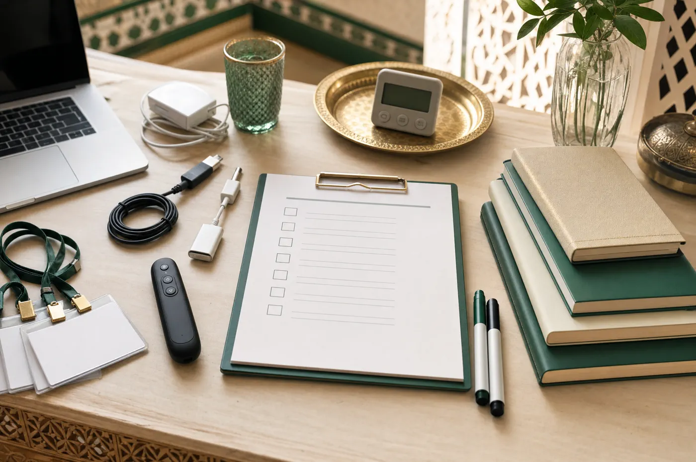 Checklist, badges et matériel prêts sur une table avant une formation